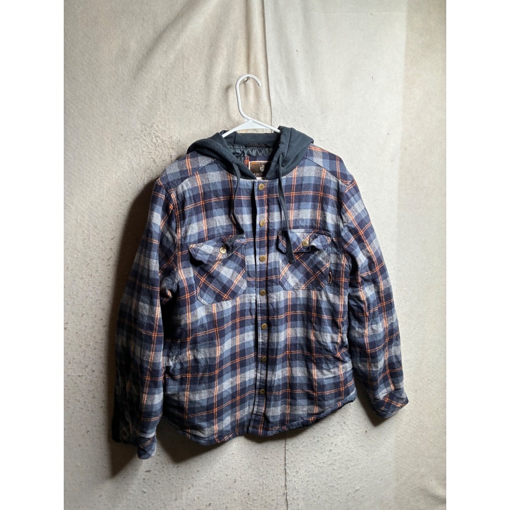 Legendary Outfitters Mens Blue Orange Plaid Quilted Hooded Flannel Jacket M